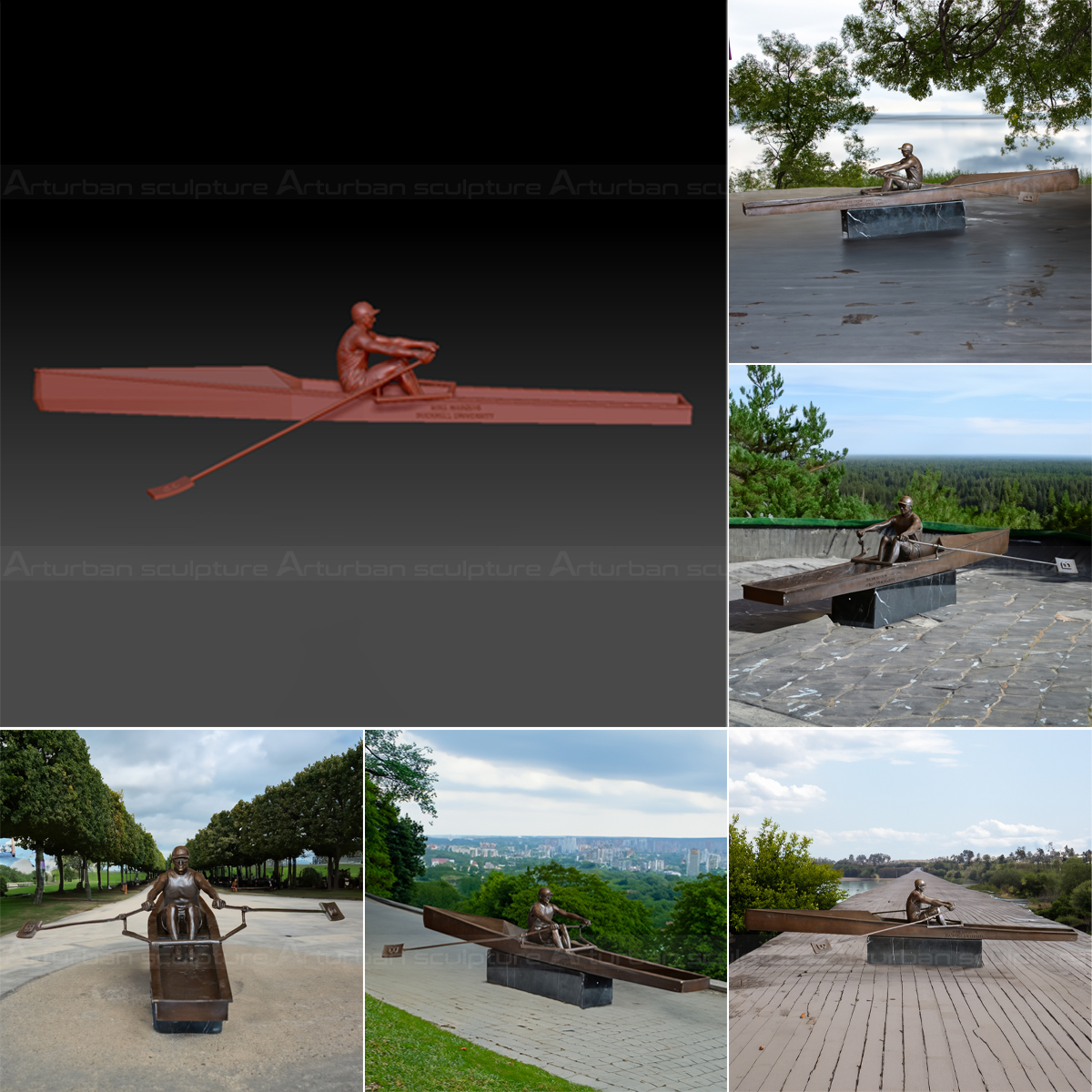 Outdoor installations of a life-size bronze rowing sculpture in different park and public spaces