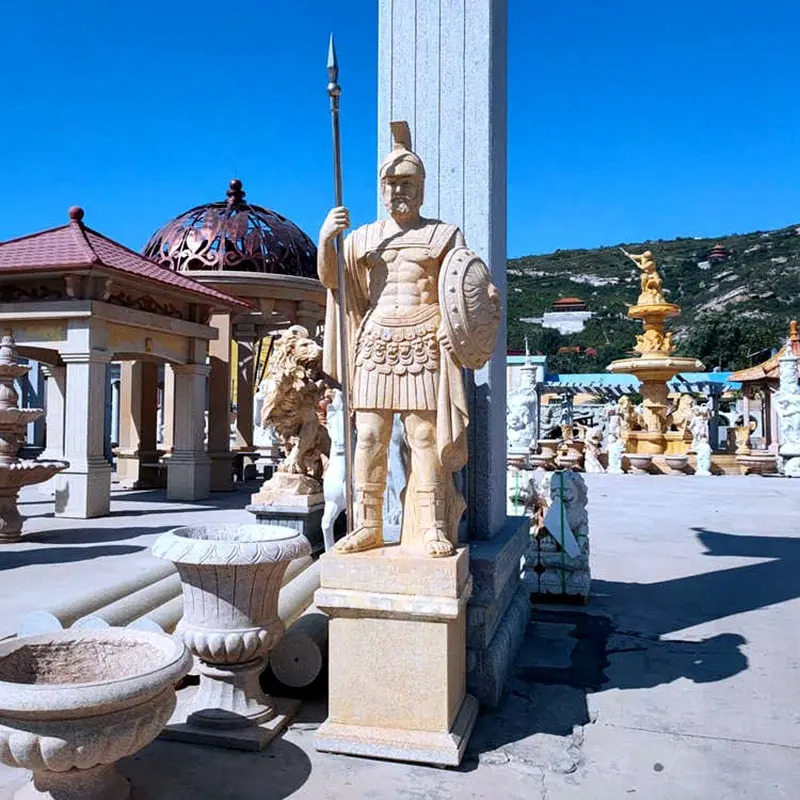 Outdoor stone Statue of Warrior placed beside a column
