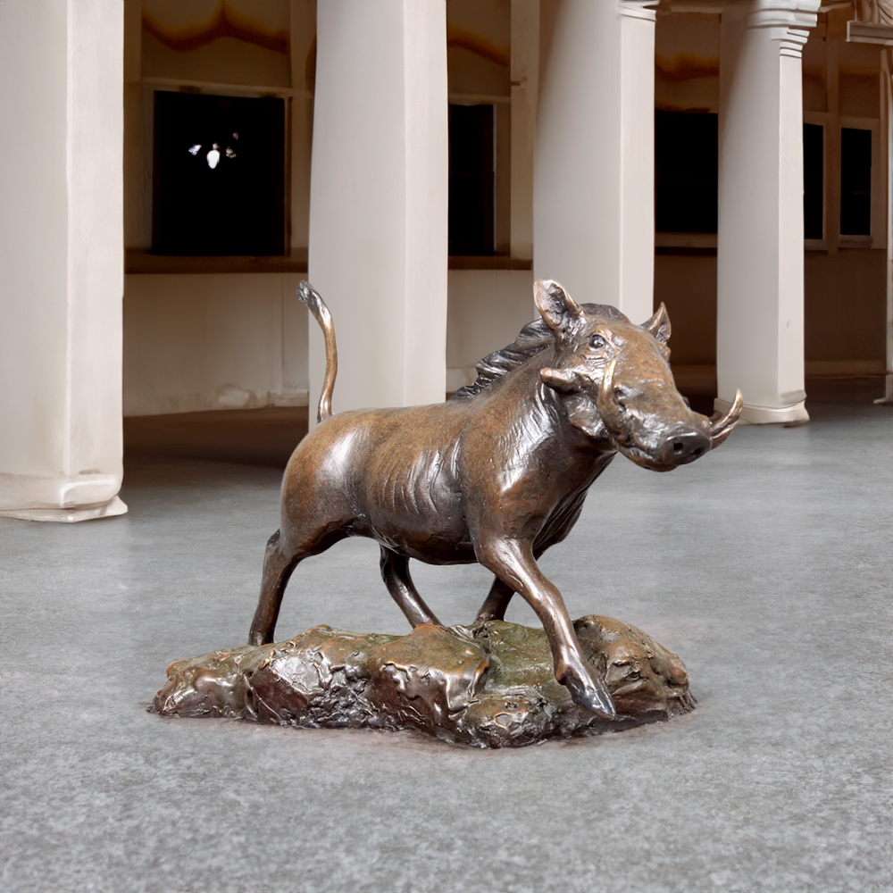 Realistic Bronze Warthog Sculpture on rugged base