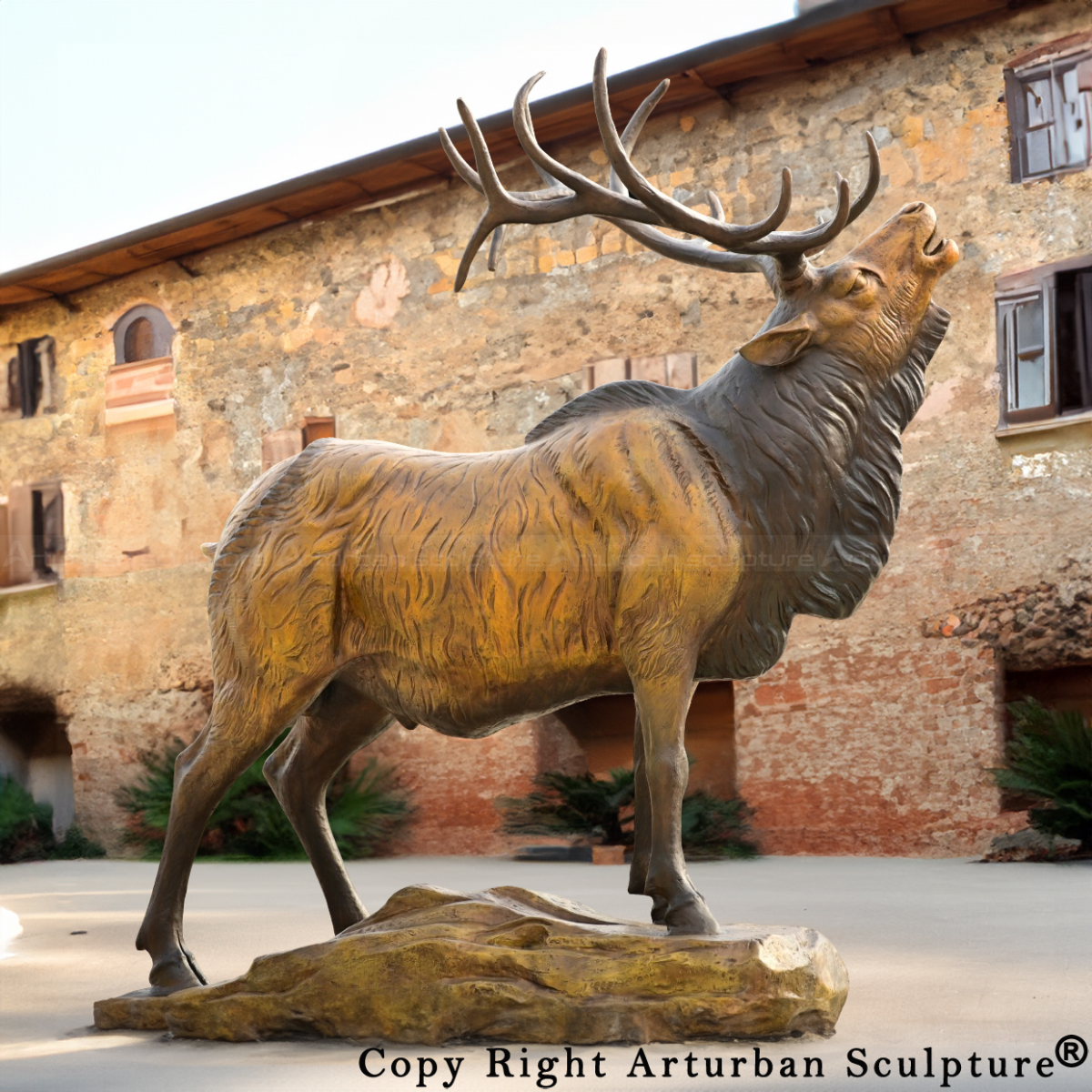 Realistic Elk Statue Outdoor showing a bronze elk in a dynamic bugling pose with detailed fur texture and lifelike antlers