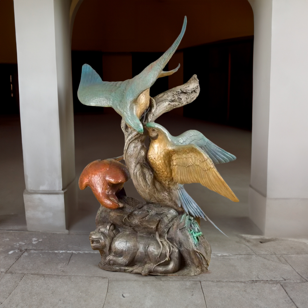 Realistic Macaw bronze Sculpture showing intimate macaw interaction and a Mayan-style base with a crouching jaguar