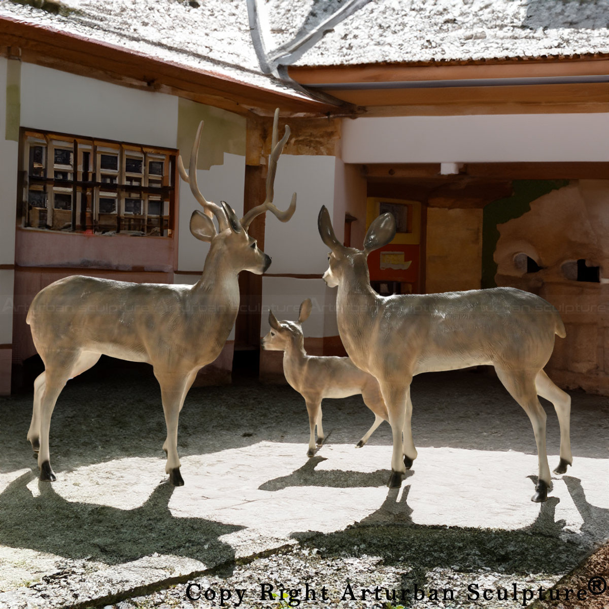 Realistic fiberglass Deer Family Sculpture with buck, doe, and fawn