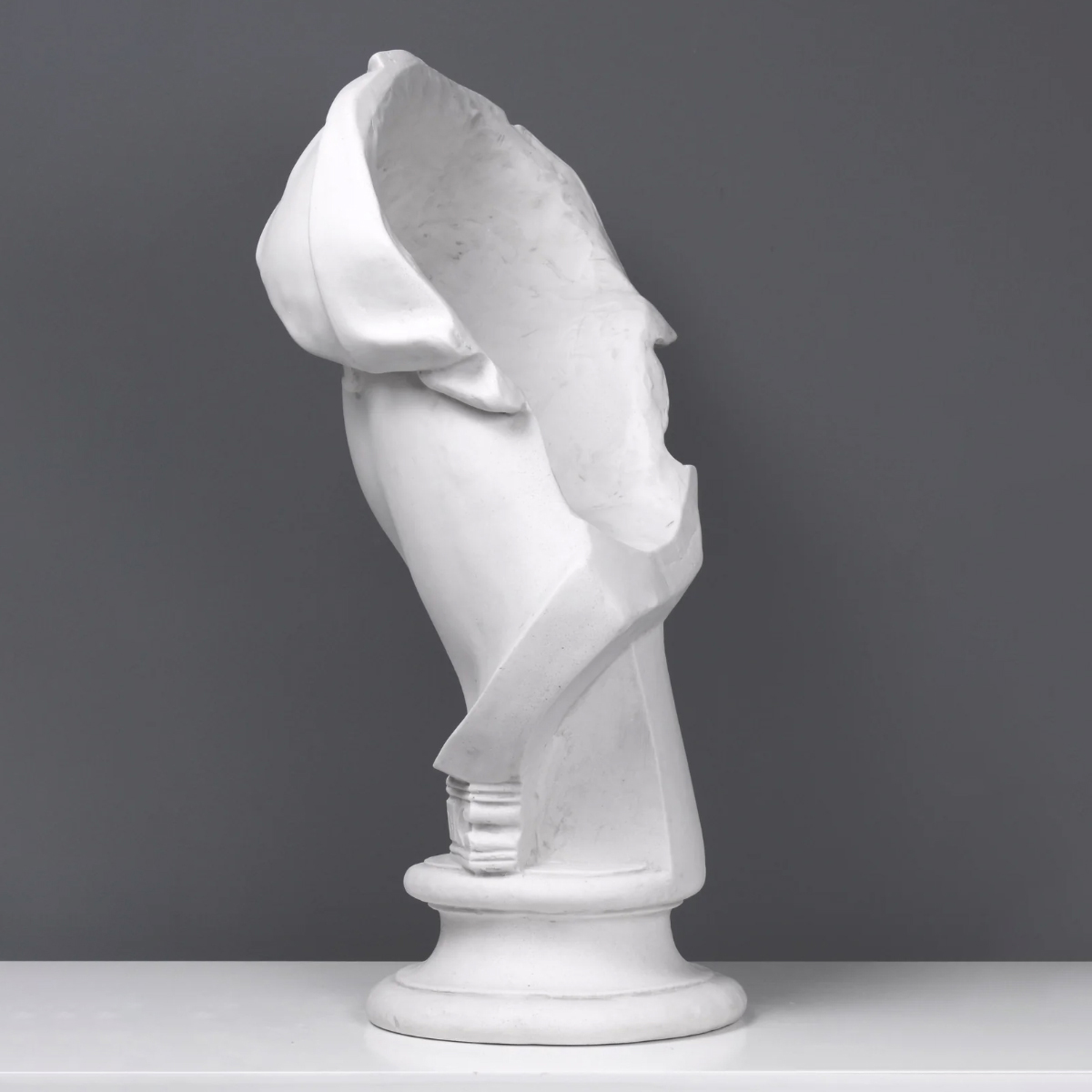 Rear angle of marble Aurora Bust sculpture with folded veil
