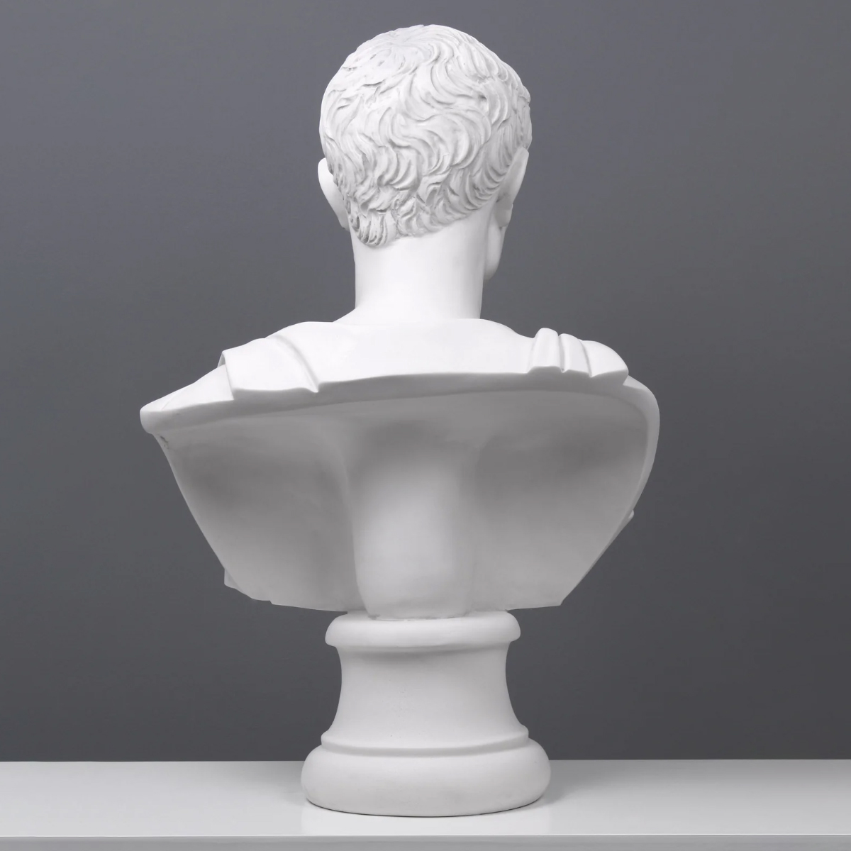 Rear view of Julius Caesar Marble Bust sculpture showing sculpted hair