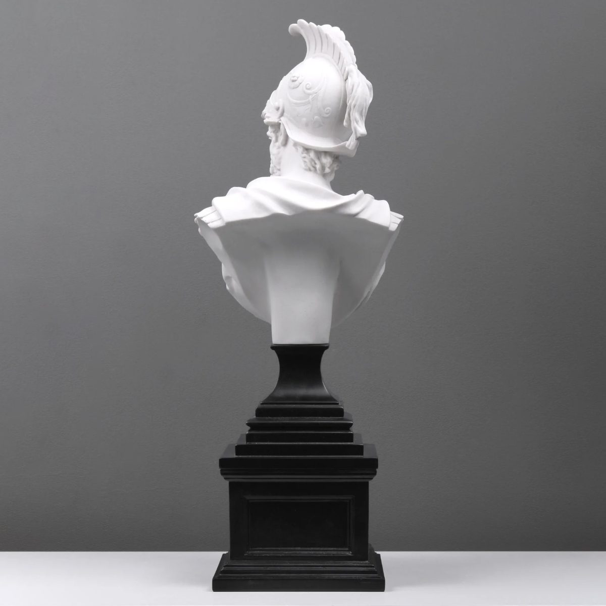 Rear view of marble Ajax Bust sculpture on black pedestal