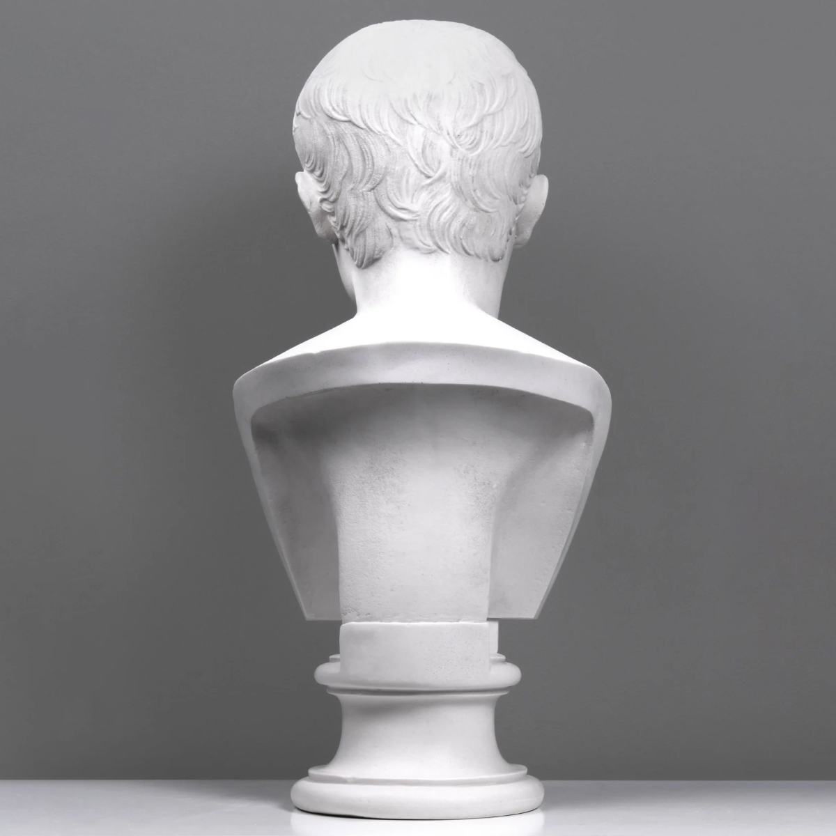 Rear view of marble Augustus Head Sculpture showing detailed hair textur