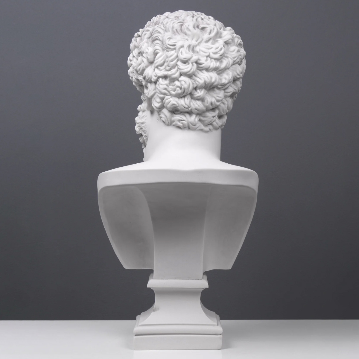 Rear view of marble Lucius Verus Bust showing curly hair details