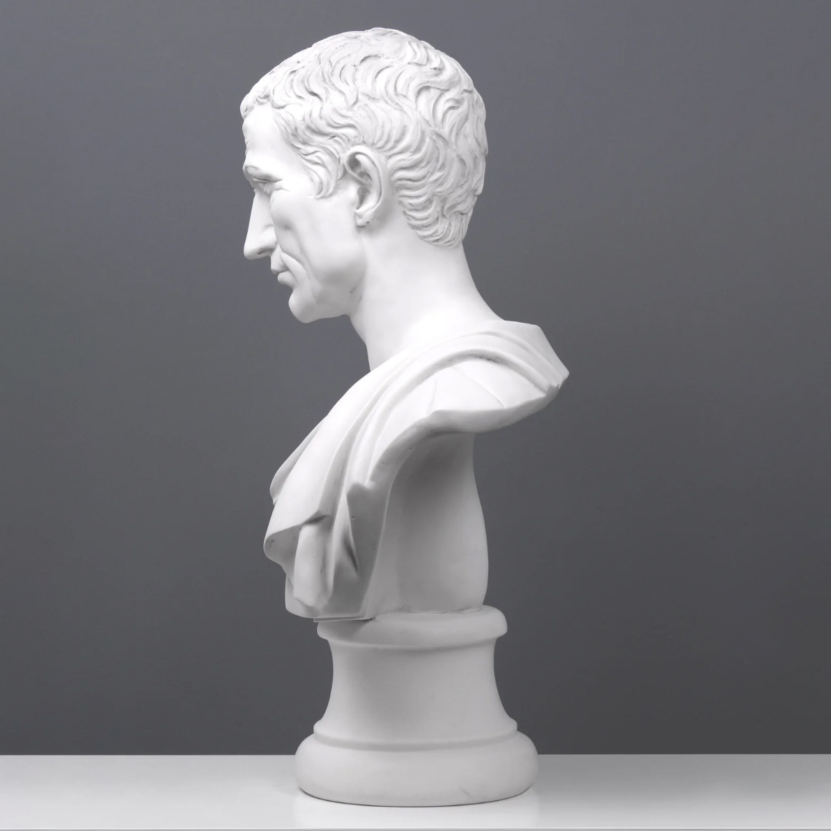 Side angle of Julius Caesar Marble Bust in Roman attire