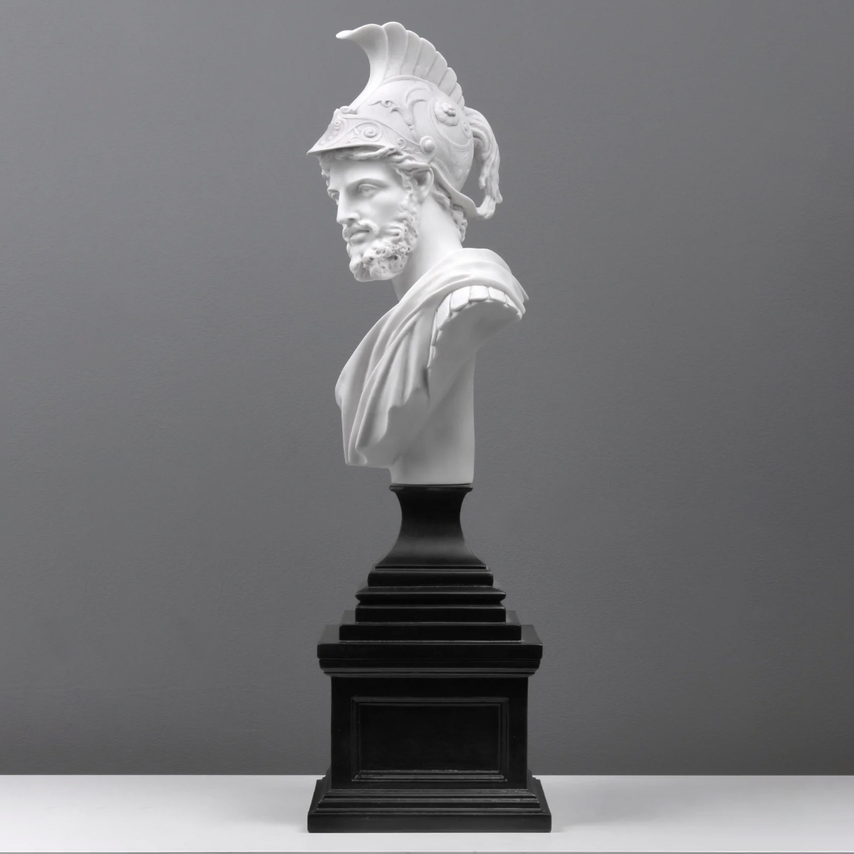 Side profile of Ajax marble bust with Corinthian helmet