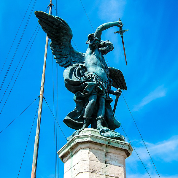 Statue of Archangel Michael raising his sword atop Castel Sant'Angelo, Rome
