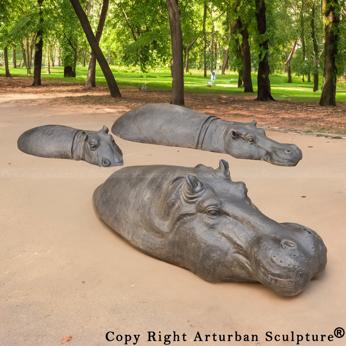 Three Swimming Hippo Garden Sculptures partially designed to mimic hippos resting in water
