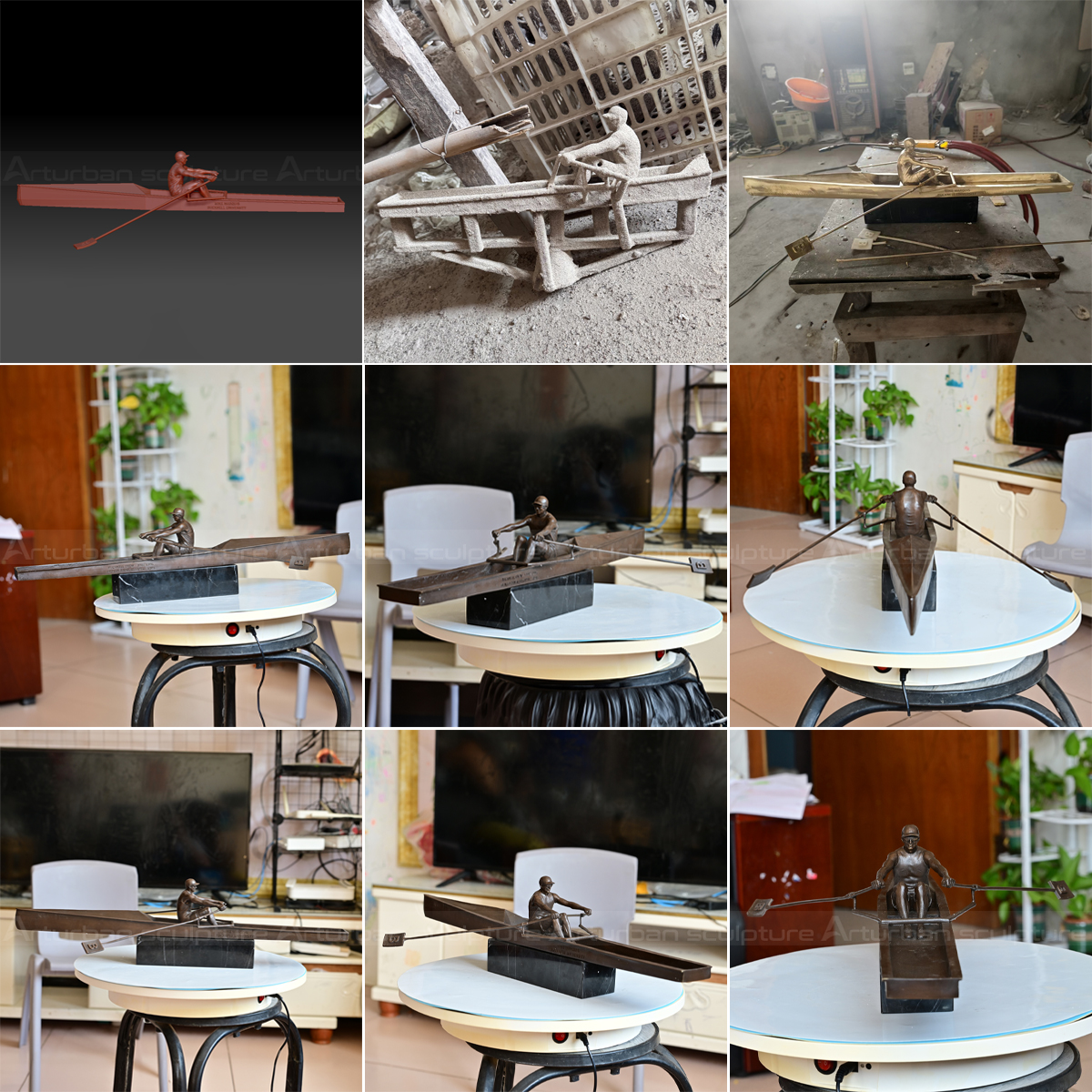 Various production stages and indoor views of a bronze rowing sculpture