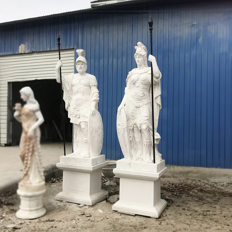 White marble God of War Sculpture and Goddess of Wisdom Statue, depicting Mars and Minerva standing with spear and shield in classical armor