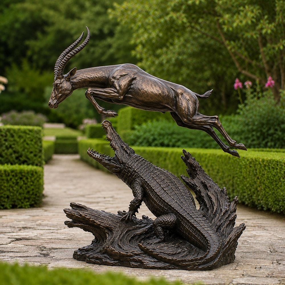 bronze Antelope and Crocodile Sculpture depicting a antelope leaping to escape a crocodile attack2