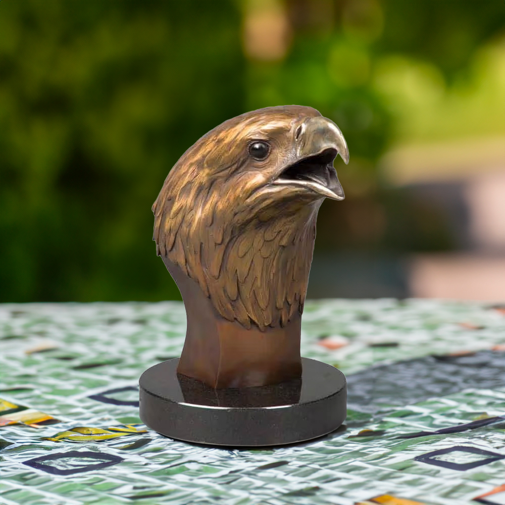 bronze Bald Eagle Bust sculpture with open beak and lifelike feather details on round base