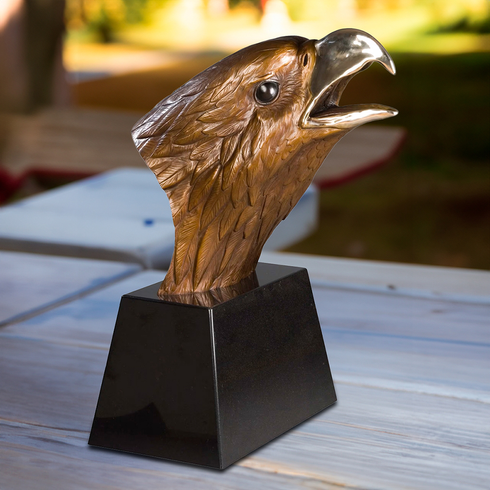 bronze Bald Eagle Bust statue featuring a polished beak and bronze feathers on square base