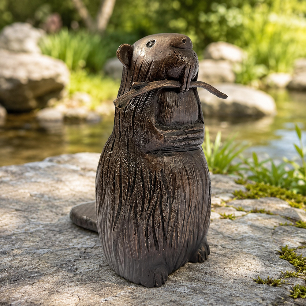 bronze Beaver Statue for Sale pondside display