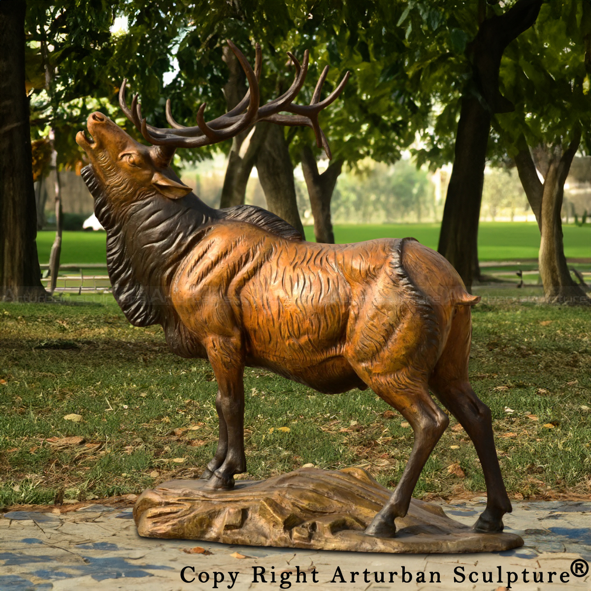 bronze Elk Headed High Sculpture for Sale, featuring a lifelike bugling bull elk standing on a base