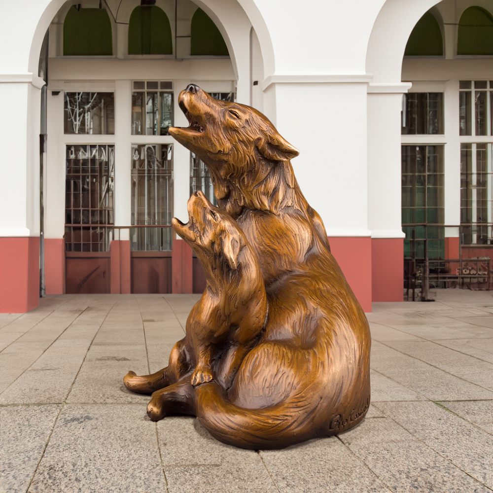 bronze Howling Wolf Garden Statue featuring a strong male gray wolf and its pup howling together