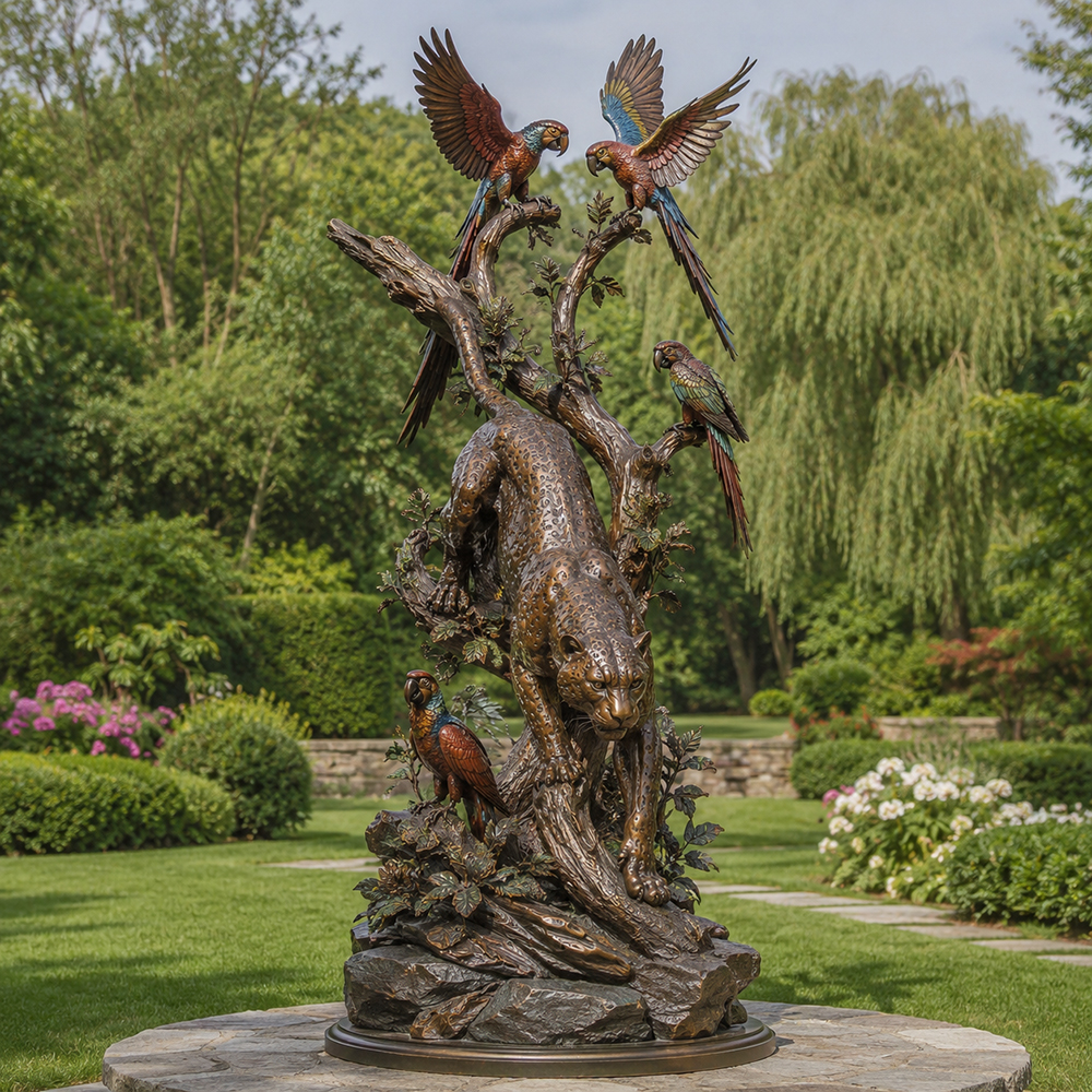 bronze Jaguar and Macaws Sculpture in garden
