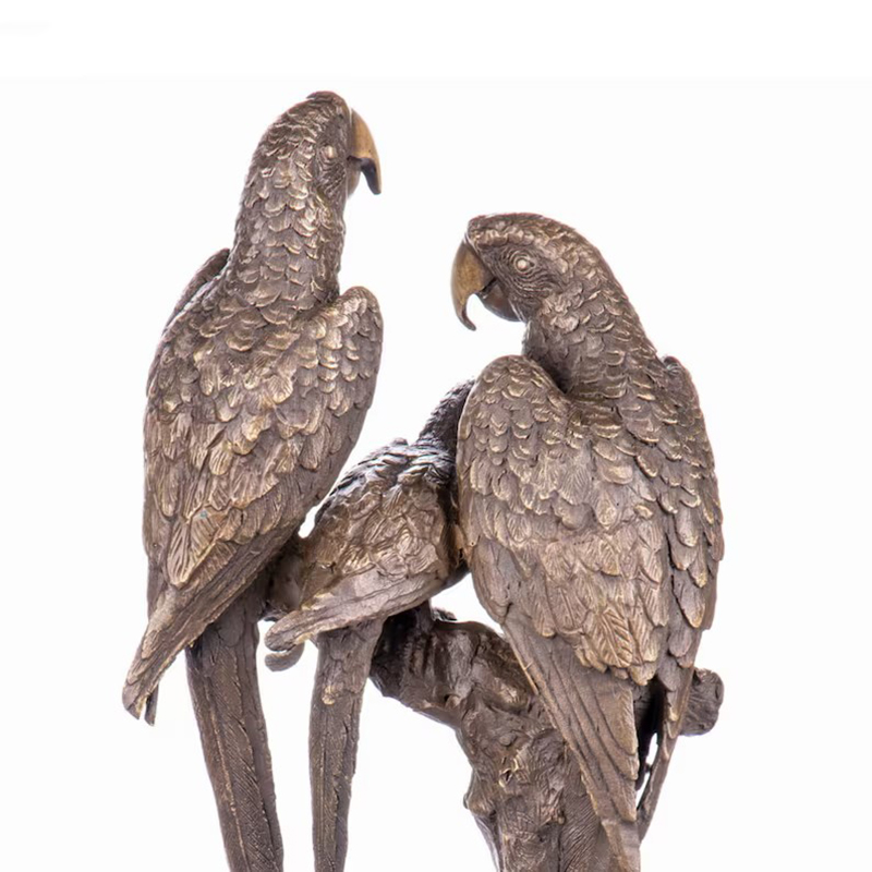 bronze Macaw Sculpture back angle with birds