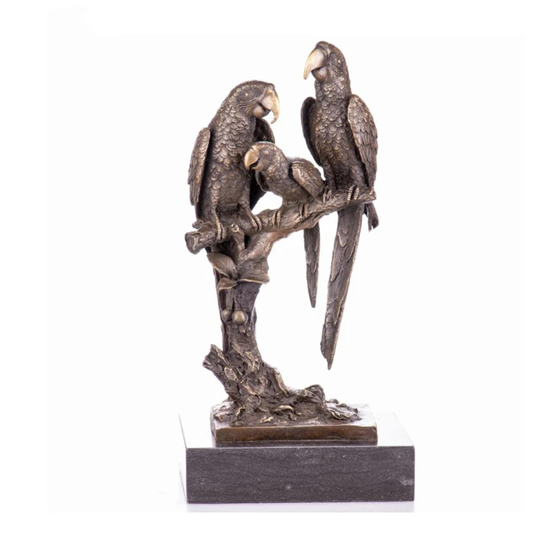 bronze Macaw Sculpture full family on pedestal