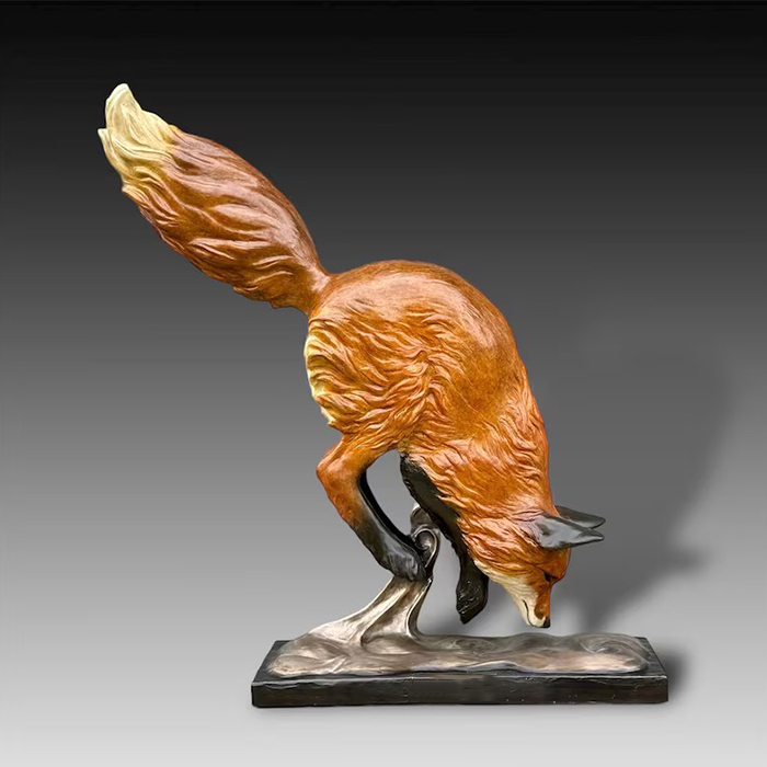 bronze Red Fox Statue diving hunting pose