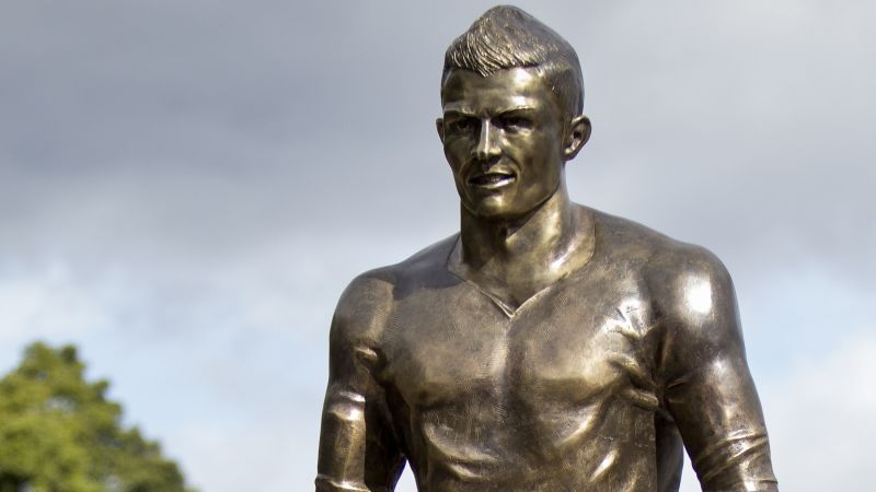 close-up view of bronze Statue of Ronaldo in Funchal
