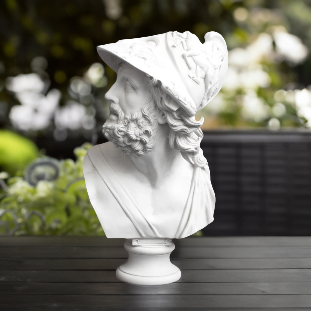 front view of marble bust of Ajax sculpture with warrior expression and classic attire