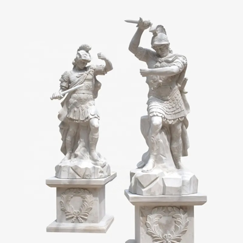pair of Marble Warrior Garden Statue of standing soldier in armor holding a sword