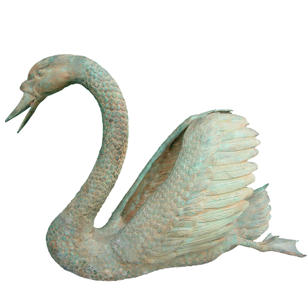 patina Bronze Swan Sculpture with raised wing