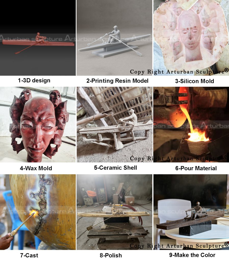 production process of bronze rowing sculpture