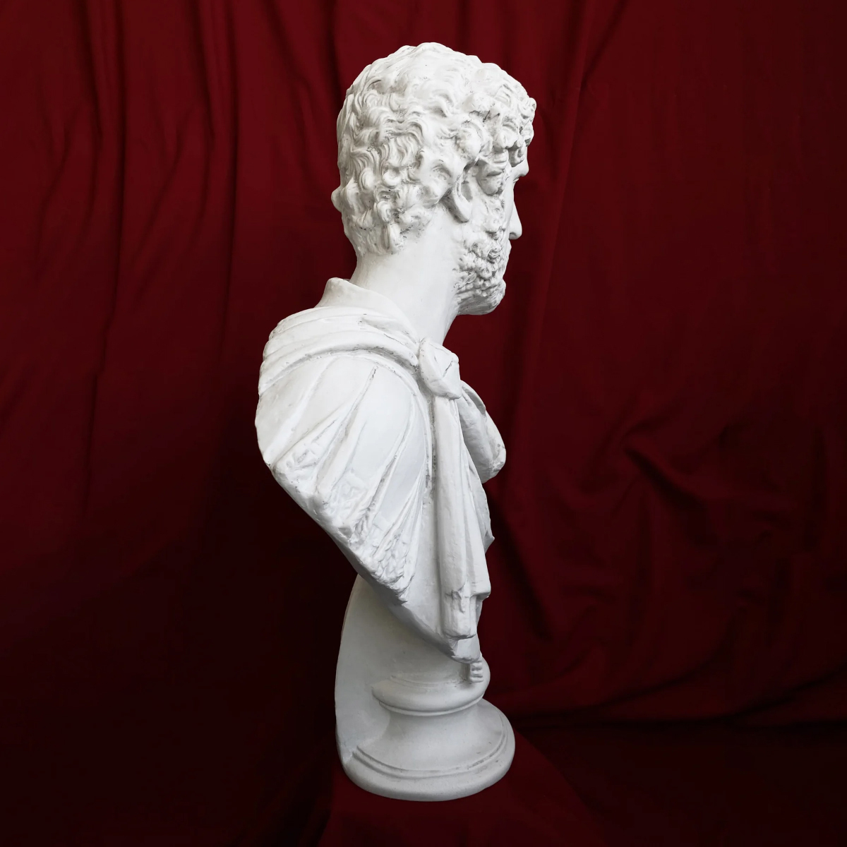 side view of the marble bust of Antoninus Pius, highlighting the detailed curls in the emperor's hair