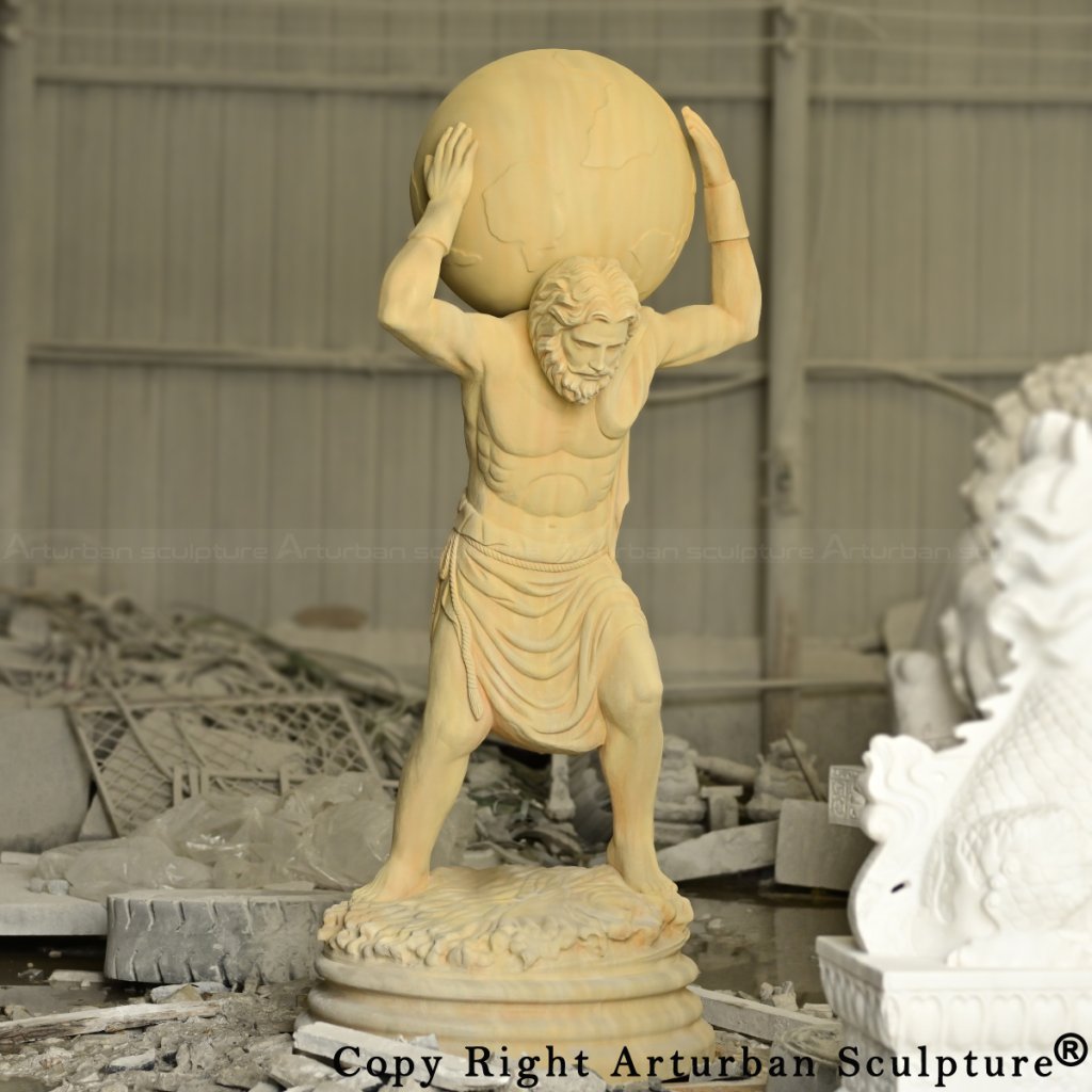 0-Front view of Atlas Greek Mythology Statue with classic aged color tone and detailed muscular form