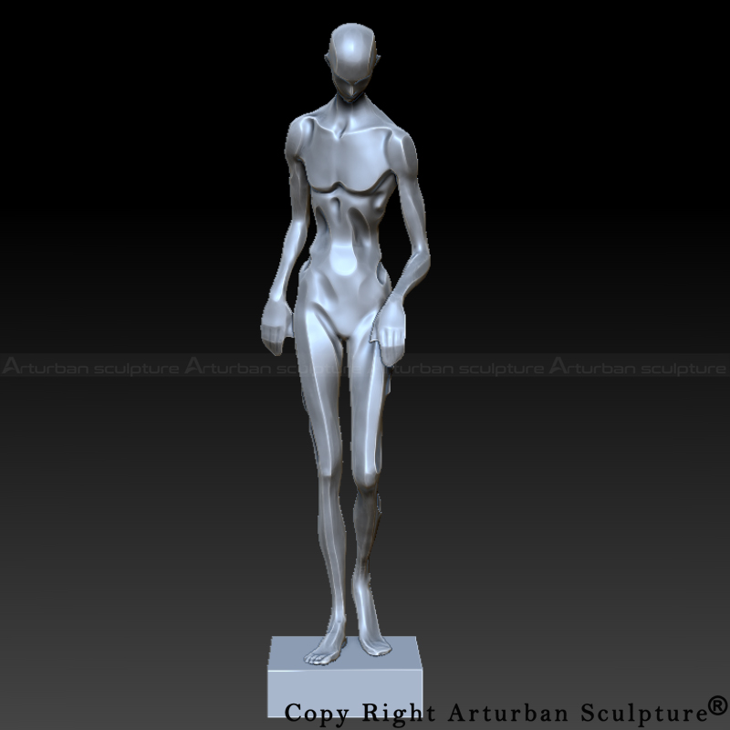 2-Front view of a silver figure in Abstract Sculpture Art style, highlighting stylized anatomy and minimalistic posture