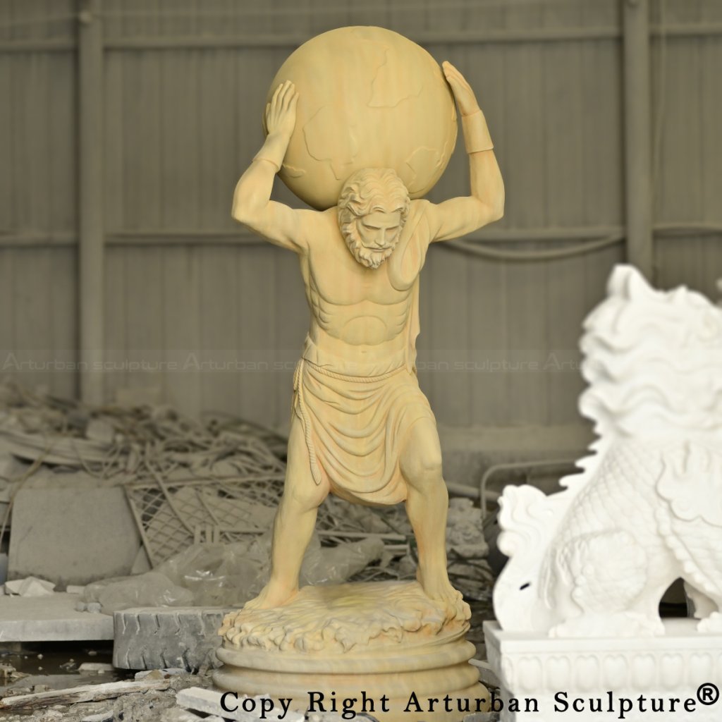 Atlas Greek Mythology Statue in antique finish, showcasing the Titan lifting the world on his shoulders