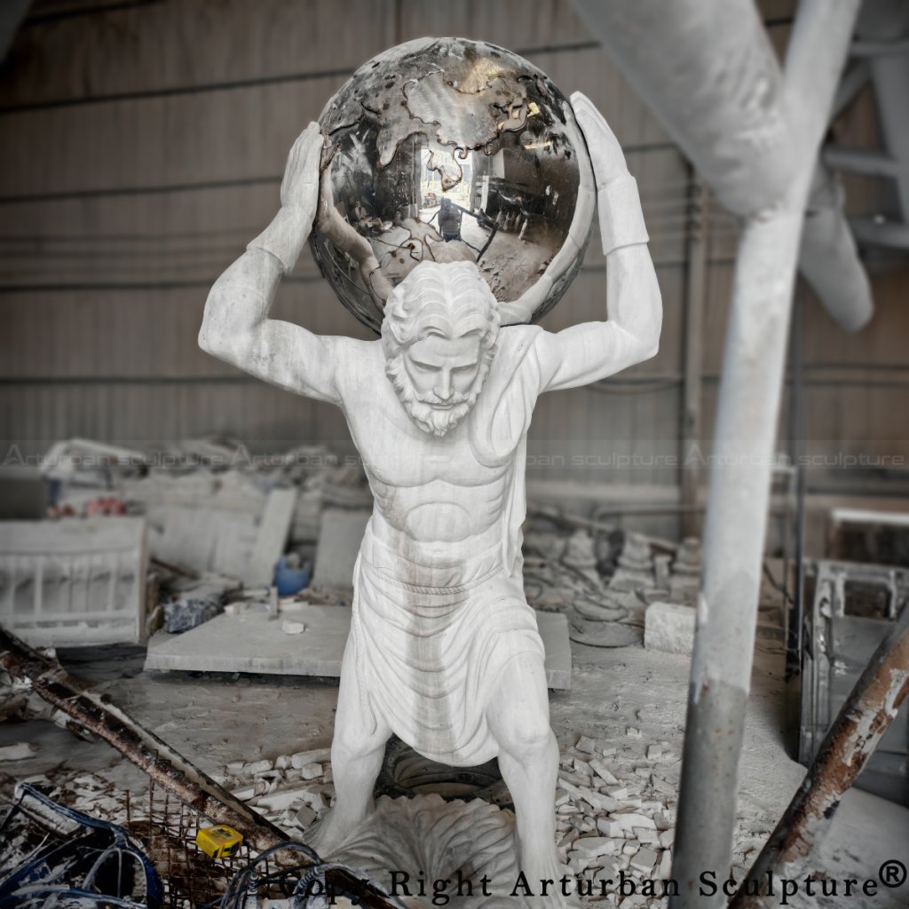Front view of Atlas Greek Mythology Statue lifting a stainless steel globe