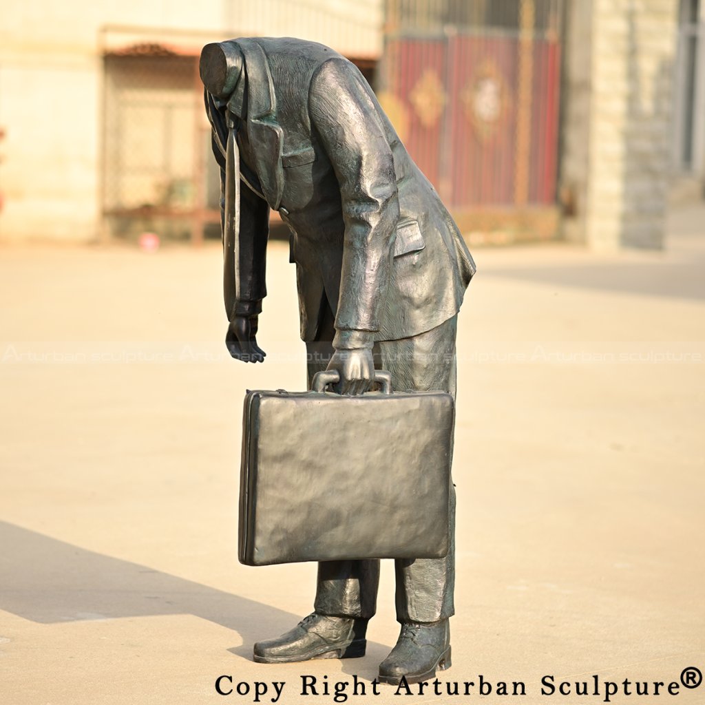 Corporate Head Sculpture in bronze, displaying detailed folds of the suit and briefcase