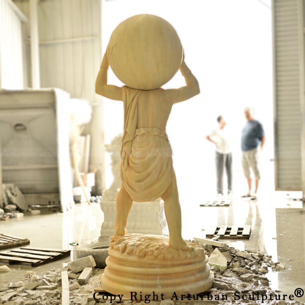 8-Rear view of atlas carrying the world statue displaying draped robe and spherical globe design