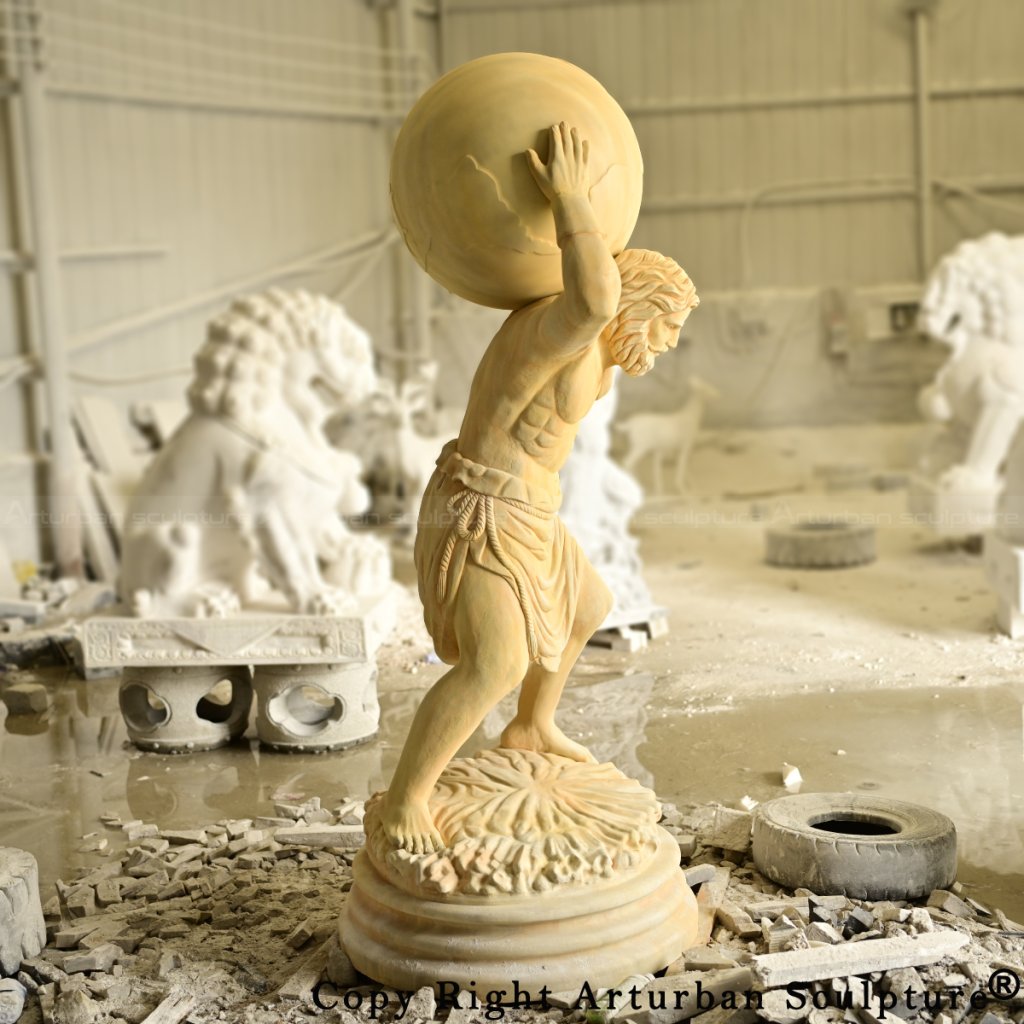 9-Right profile of atlas carrying the world statue set in workshop with mythological background sculptures