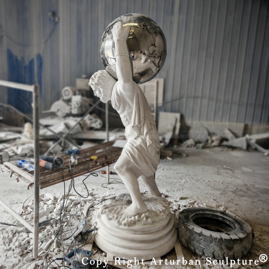 9-Side view of Atlas Greek Mythology Statue under sculpting in artisan workshop