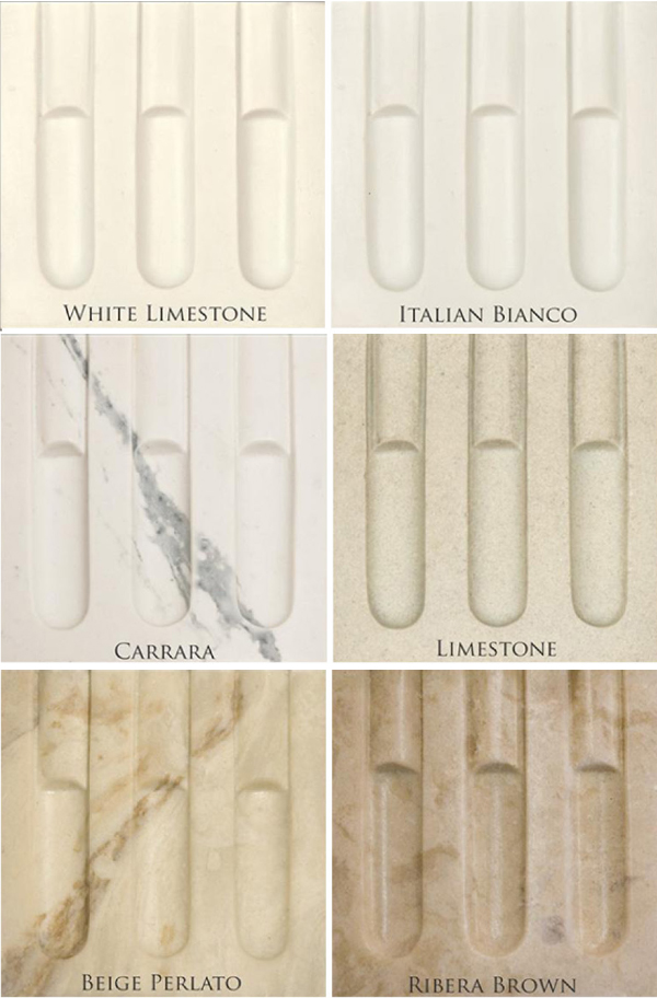 A sample board displaying four marble finishes for Marble Mantel Surrounds