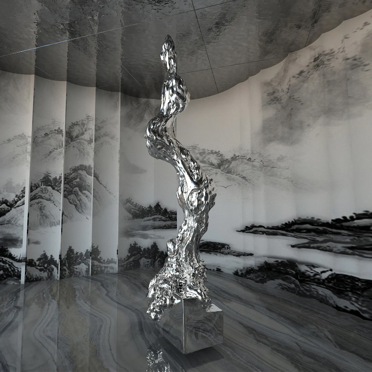 Abstract Polished Metal Tree Sculpture inspired by tree trunk and root structure