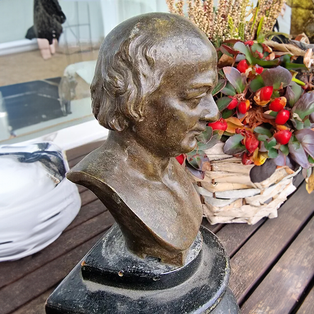 Antique bronze Male Head Bust of French poet Béranger