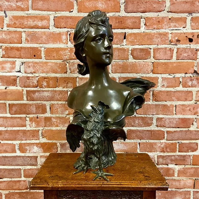 Anton Nelson’s bronze Lady Head Bust showing detailed facial expression and rooster
