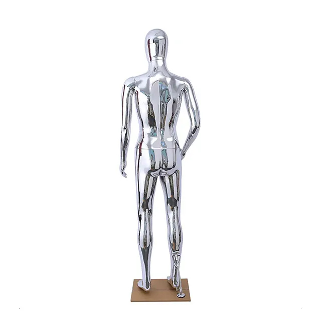 Back view of silver stainless steel human figure statue