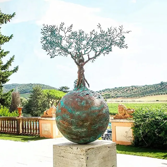 Bronze Tree of Life Garden Sculpture featuring intertwined human figures forming a tree atop a large earth-shaped sphere