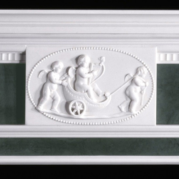 Central frieze of a Marble Fireplace Surround for Sale depicting cherubs