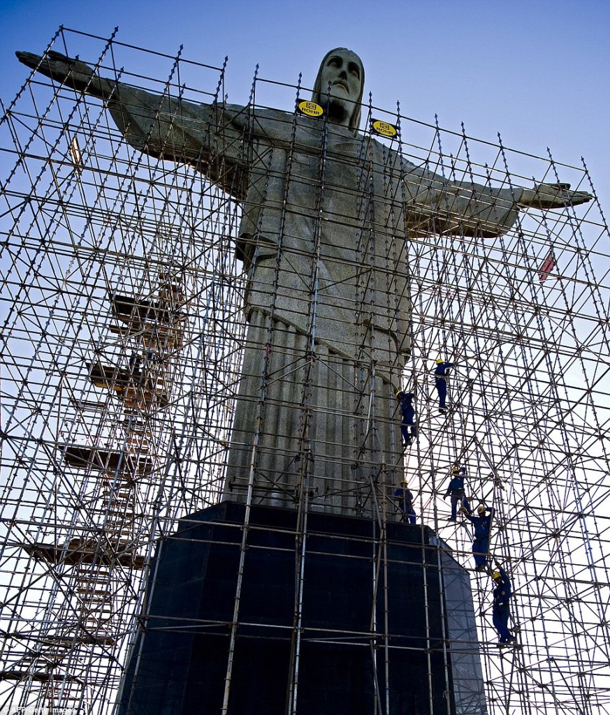 Christ the Redeemer Statue surrounded by scaffolding during restoration