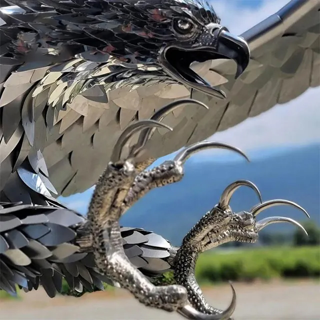 Close-up of Stainless Steel Eagle Sculpture's claws and beak